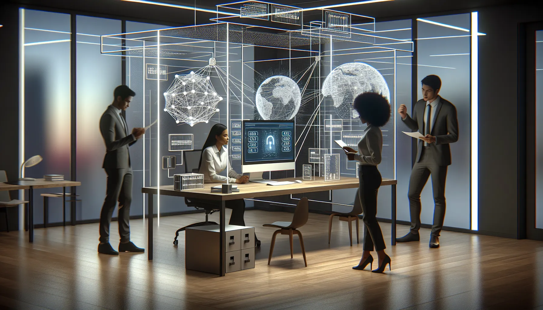 professionals discussing IP addresses in a sleek office setting.