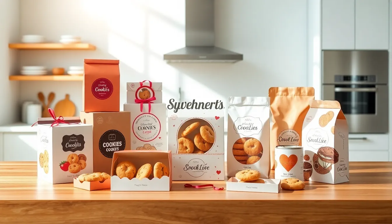various cookie packaging designs displayed in a modern kitchen.