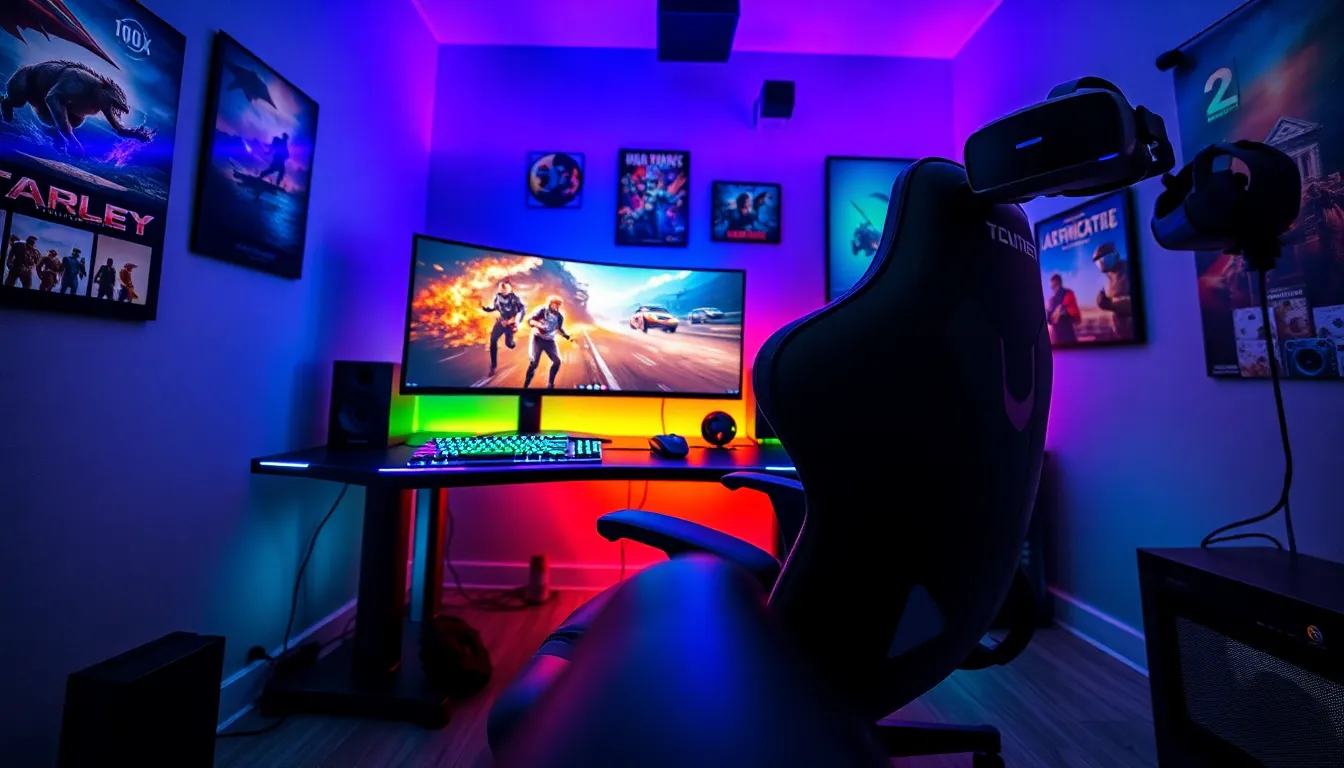 a modern gaming setup featuring gadgets like a keyboard, mouse, and headset.