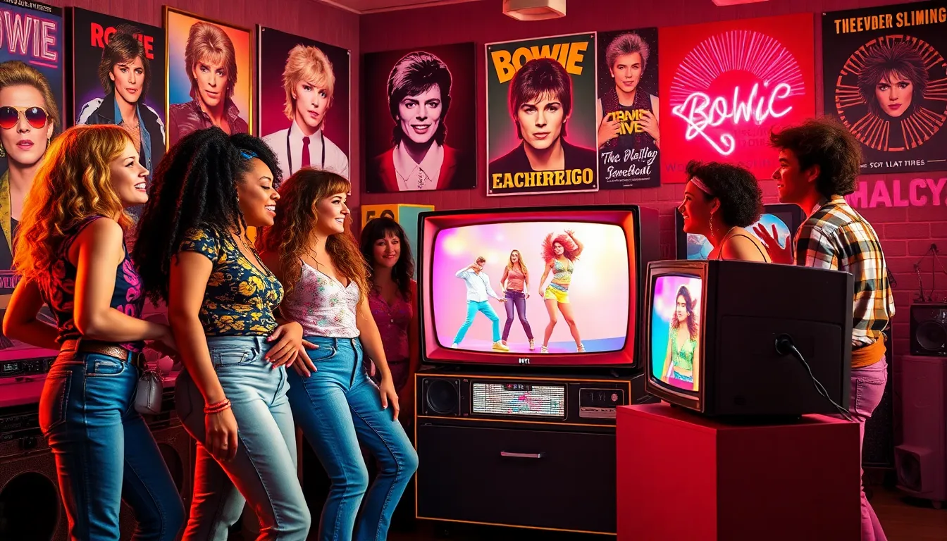 young adults watching an 80s music video on a vintage TV.