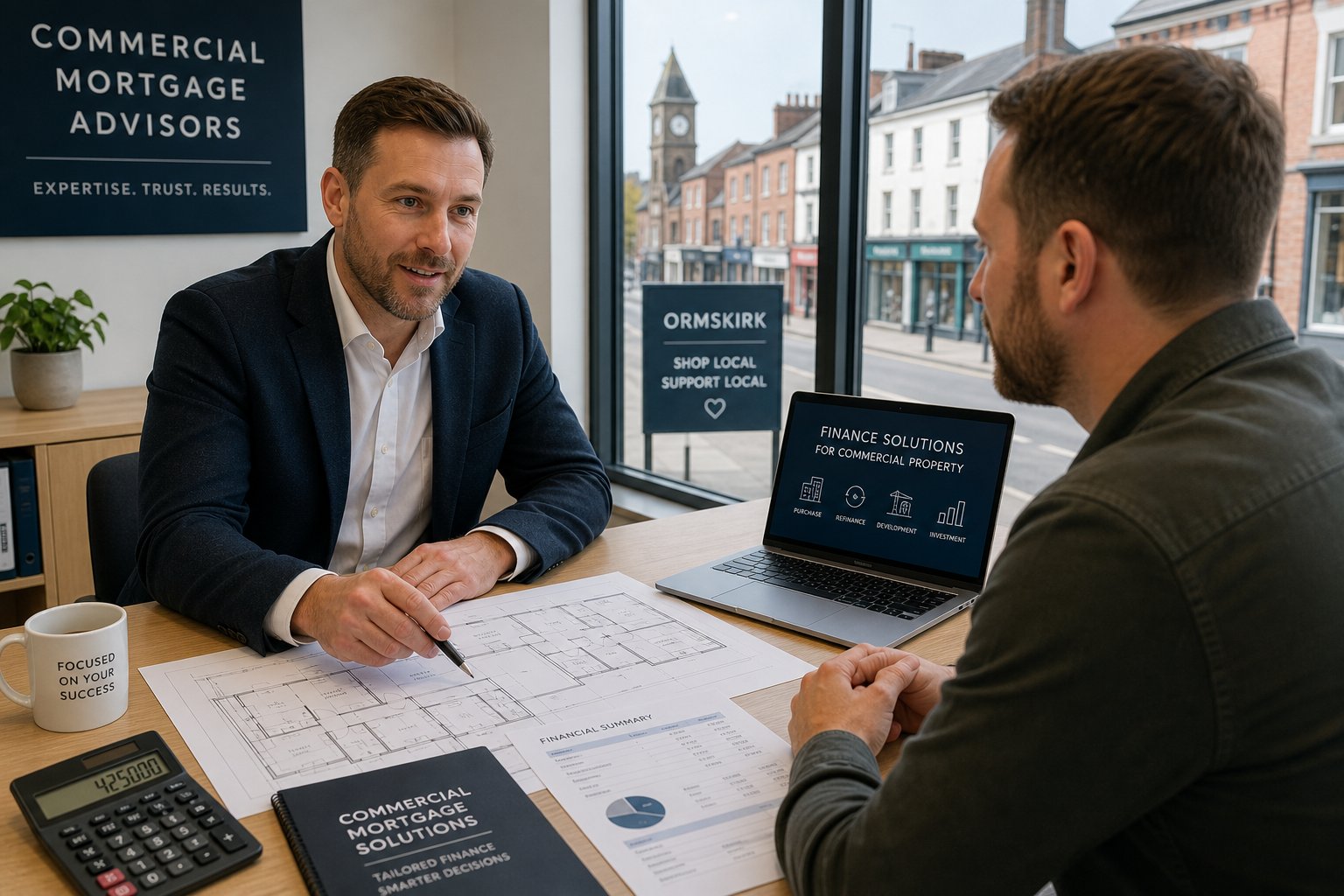 Commercial mortgage advisor meeting a business owner in a bright office with property documents and a laptop.