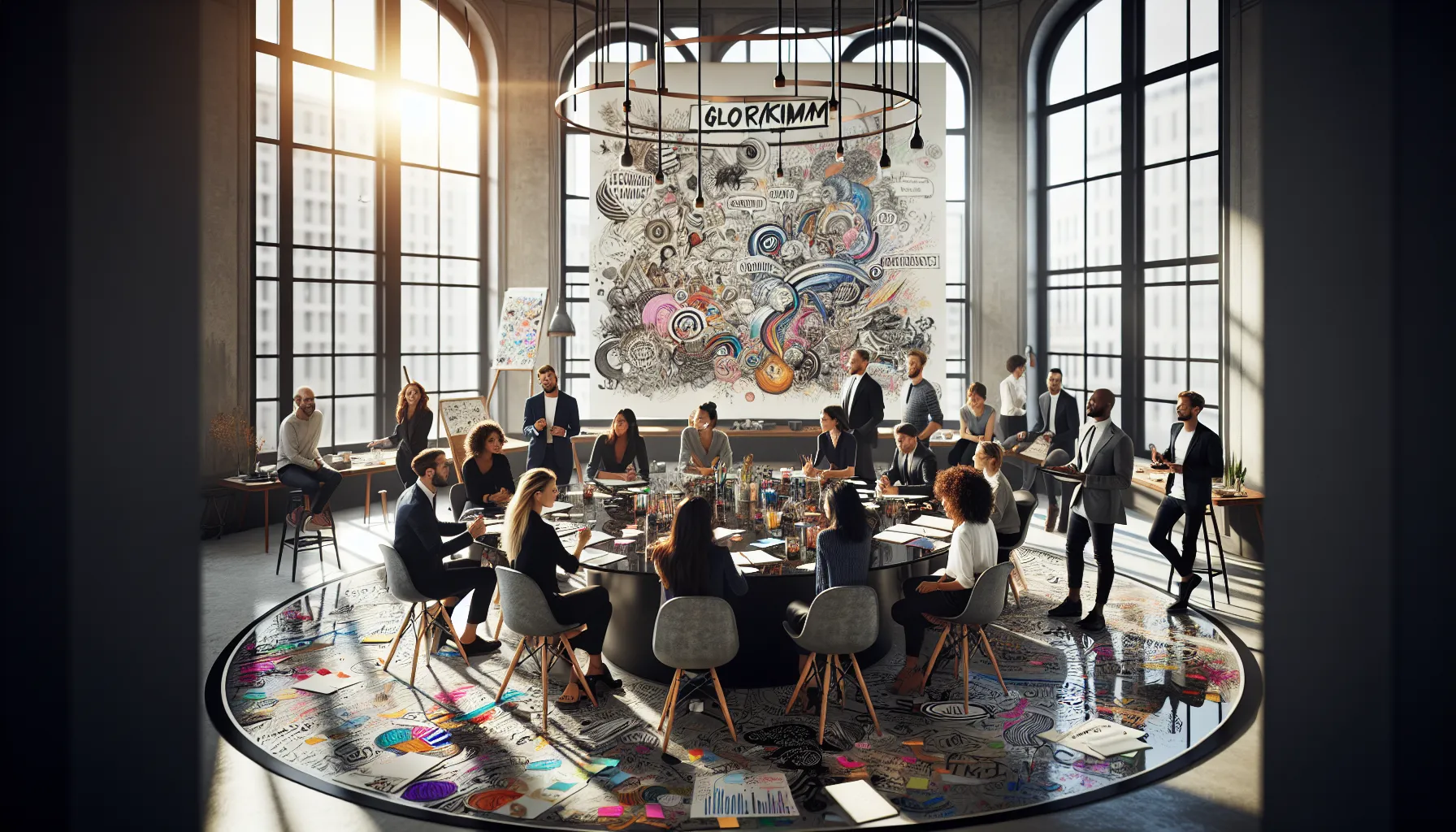 professionals brainstorming around a table in a creative office space.