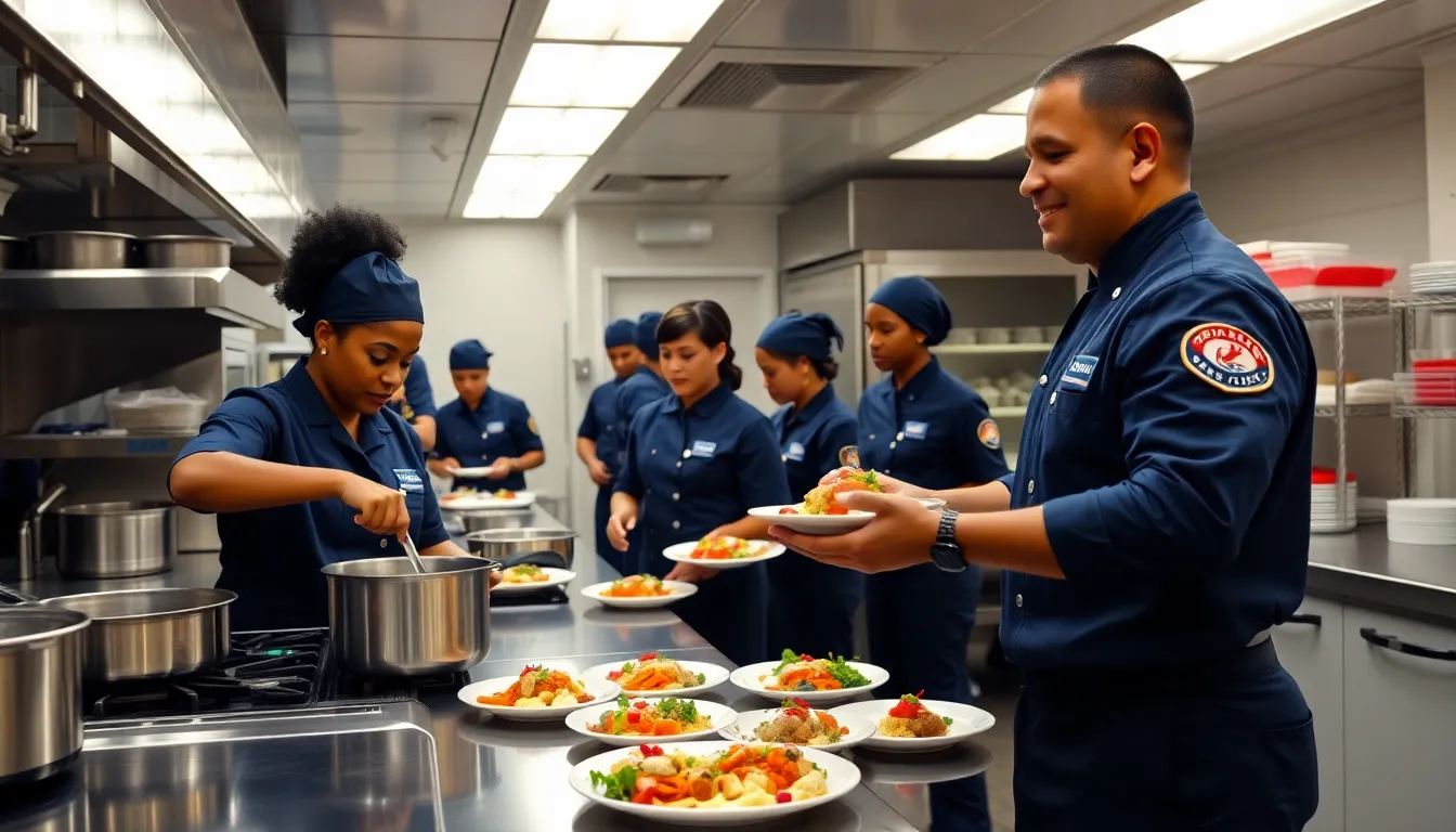 Culinary Specialists preparing meals in a modern naval galley.