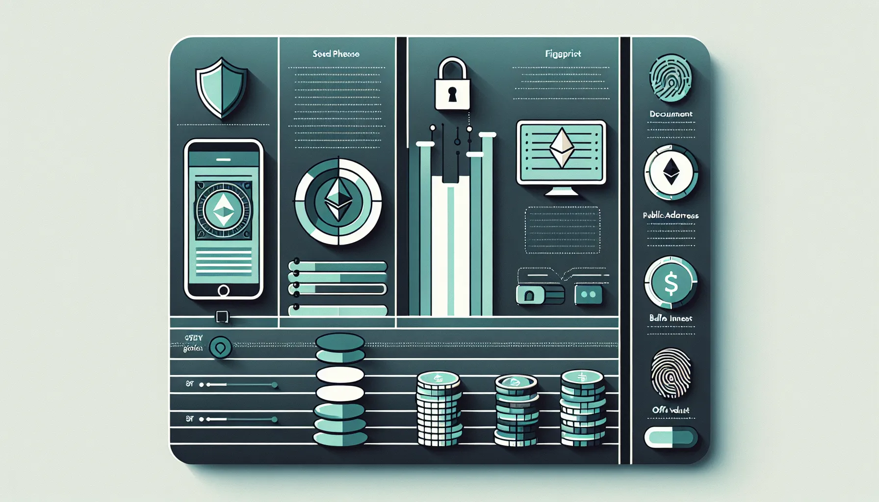 Three-column infographic showing Ethereum wallet essentials: secure wallet, device, and gas fees.