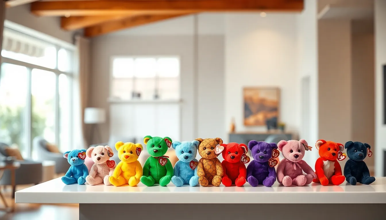 collection of colorful Teenie Beanie Babies on a sleek shelf.
