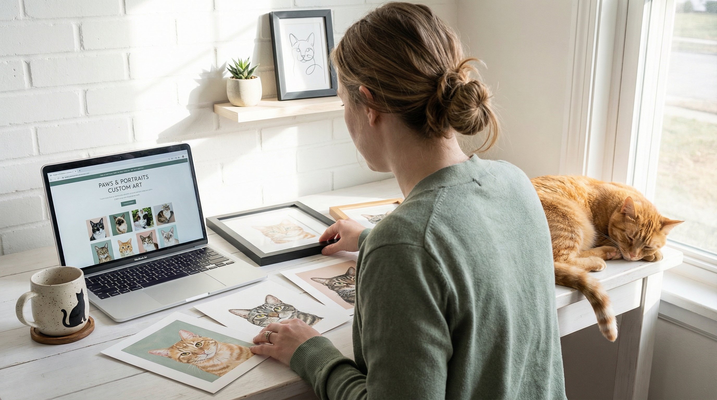 Woman comparing various custom cat portrait styles on a bright home desk.