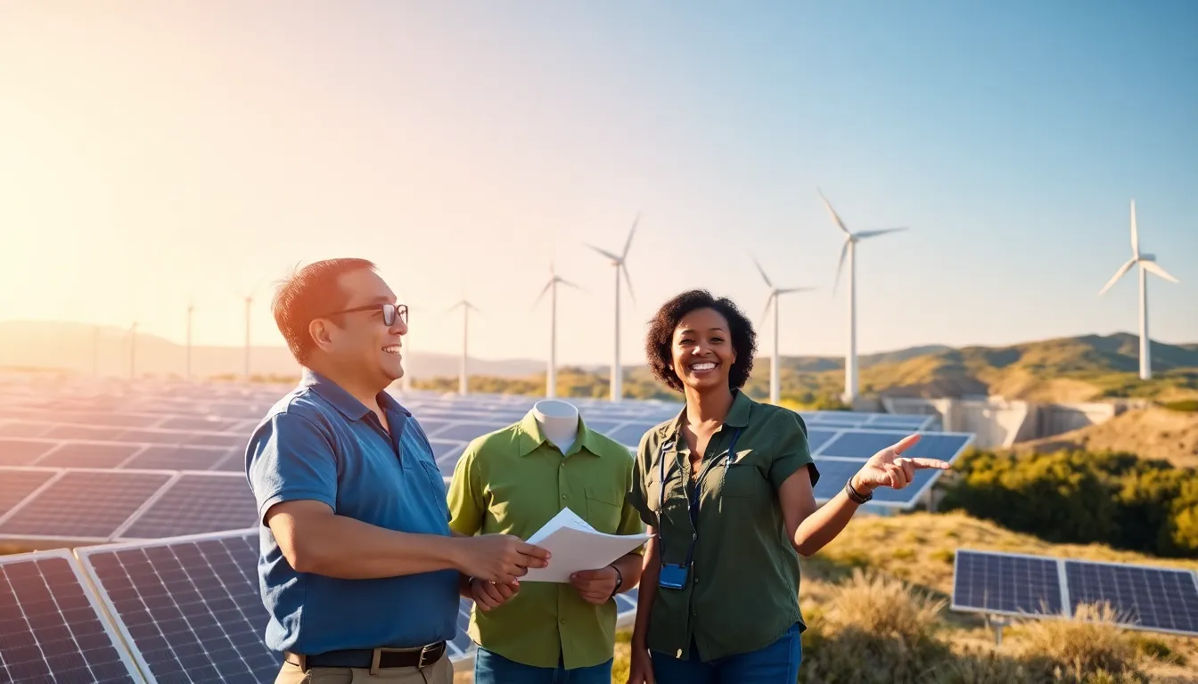 people discussing renewable energy in a sunny landscape with wind turbines and solar panels.