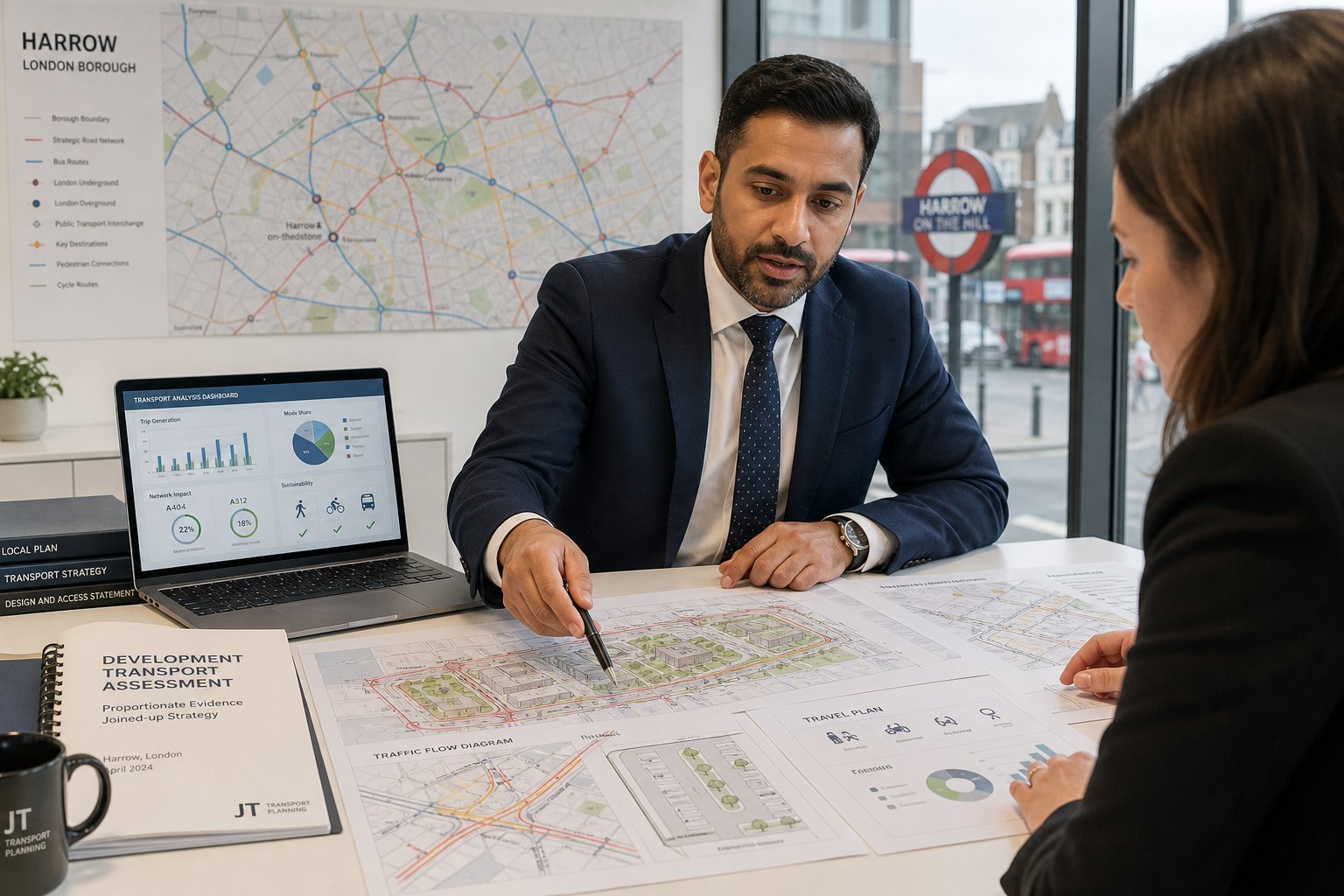 Traffic engineer reviewing transport planning reports in a modern Harrow office.