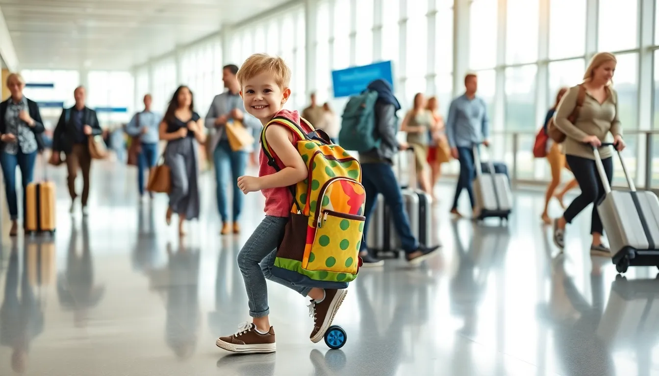 Child rolling a colorful wheeled backpack in an airport.