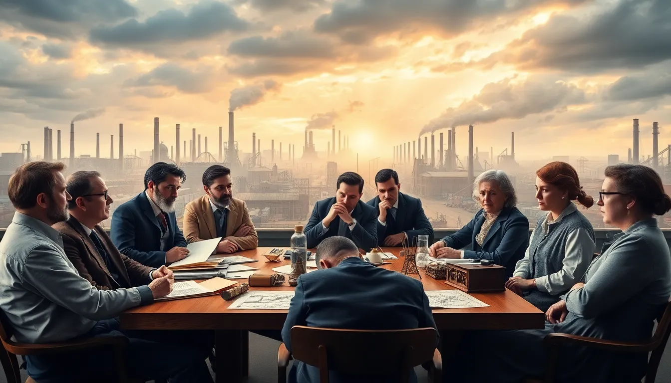 diverse thinkers discussing future predictions in an industrial 1800s setting.