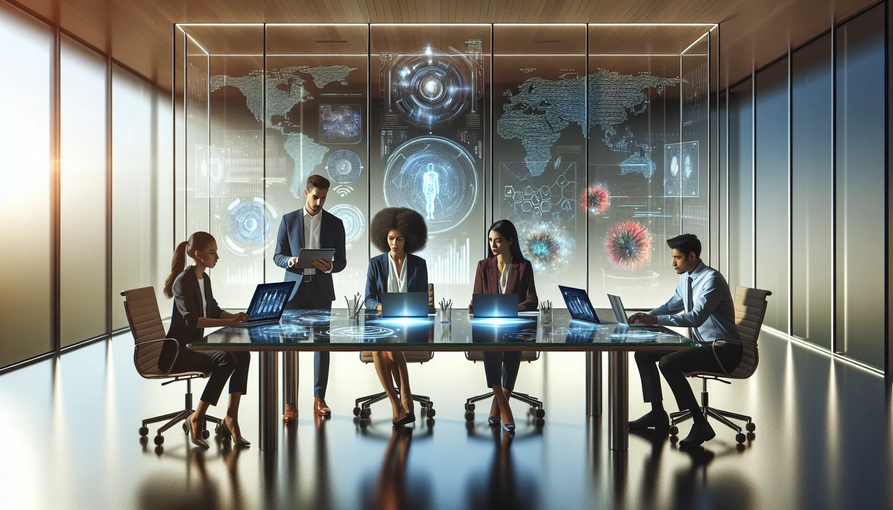 diverse tech team analyzing data in a modern conference room.