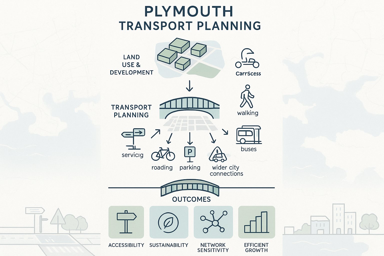 Infographic showing how transport planning connects development, travel options, and city growth in Plymouth.