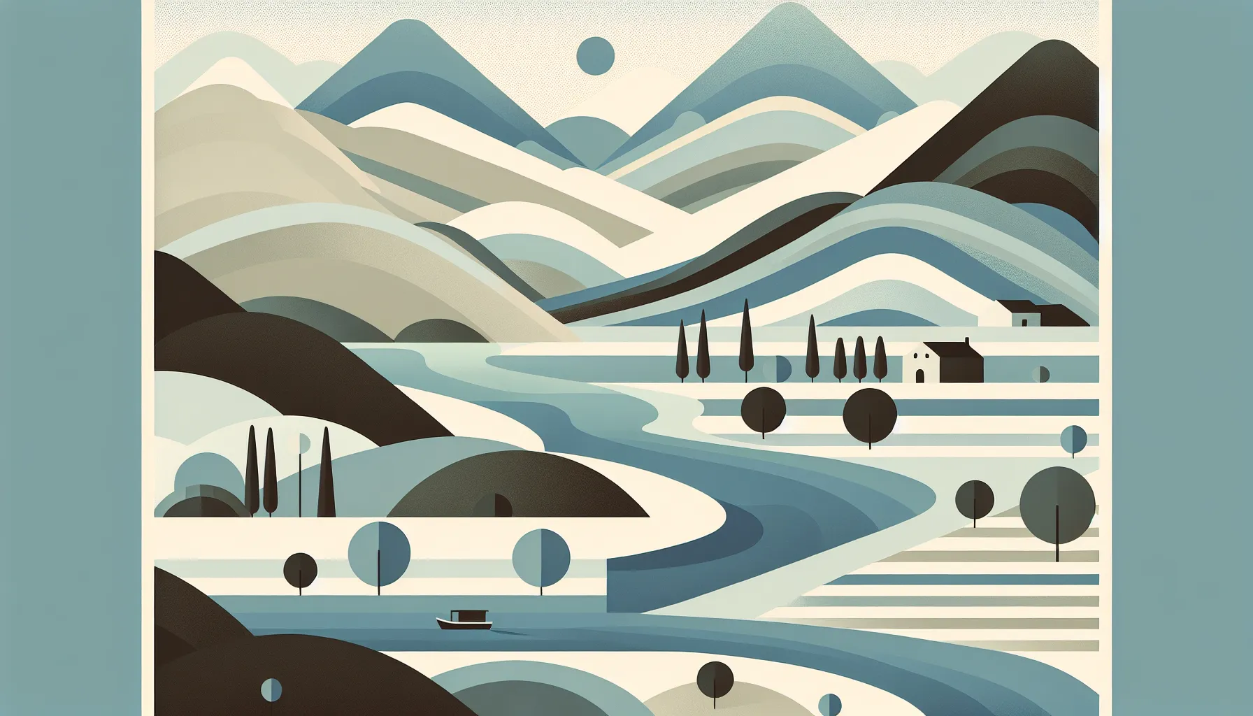 Minimalist illustration of Dalmatian landscape with mountains, river, and Adriatic Sea