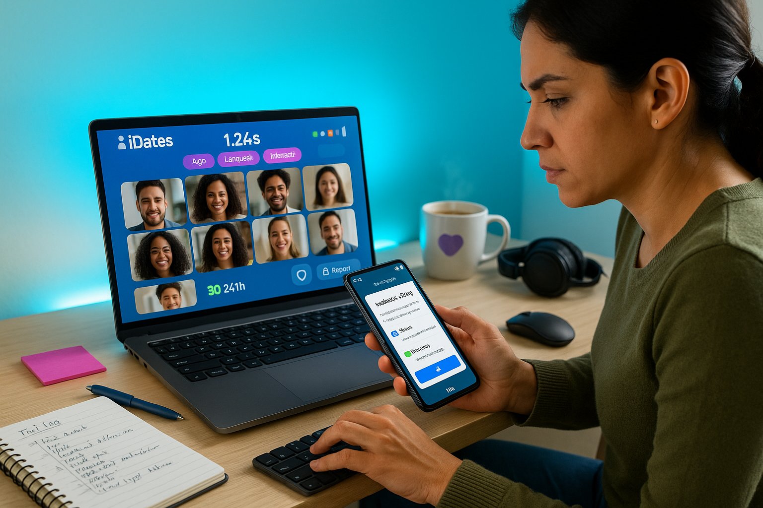 Tester evaluating a video-chat app on laptop and phone at a desk.