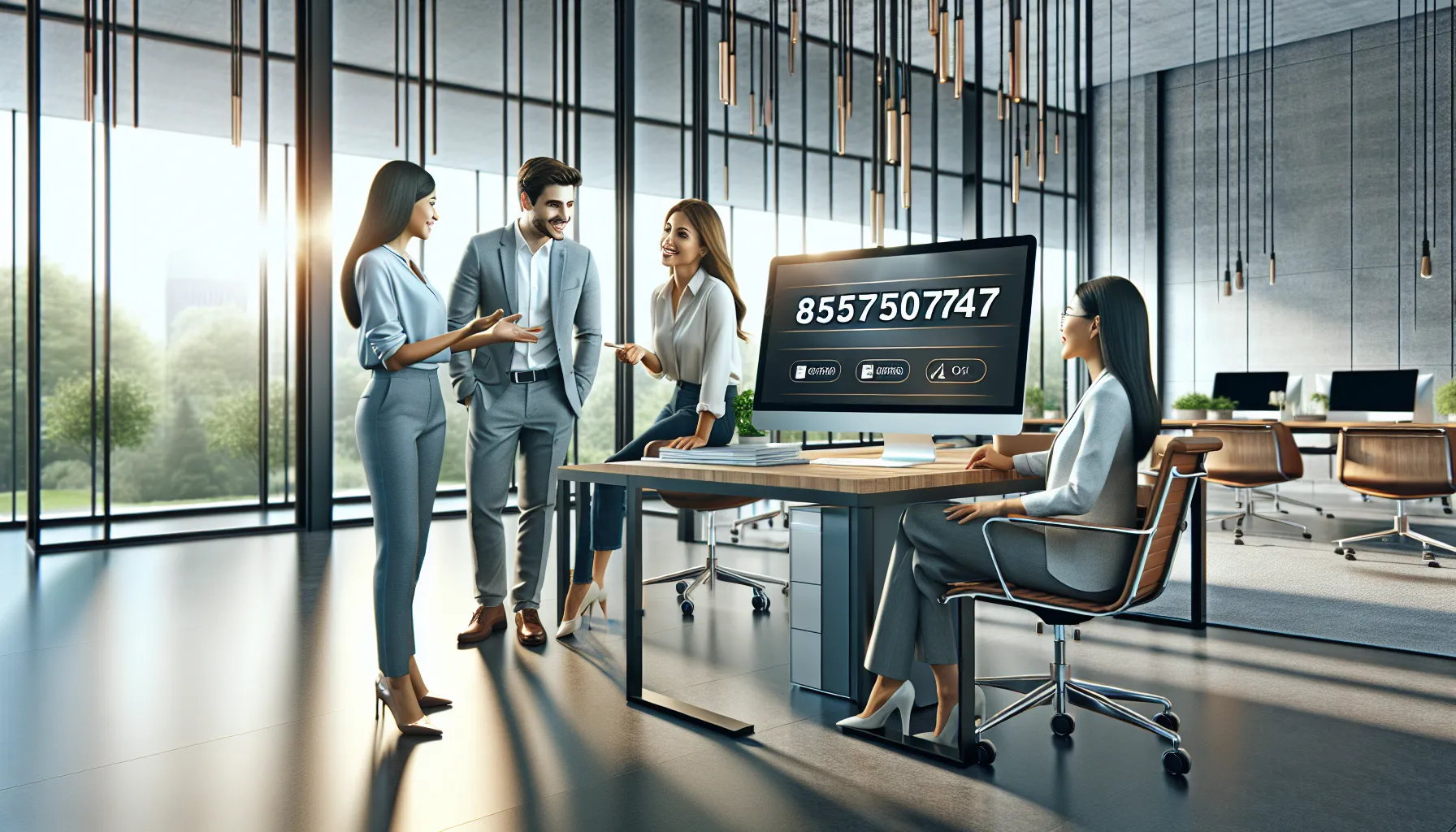 three professionals discussing customer service in a modern office.