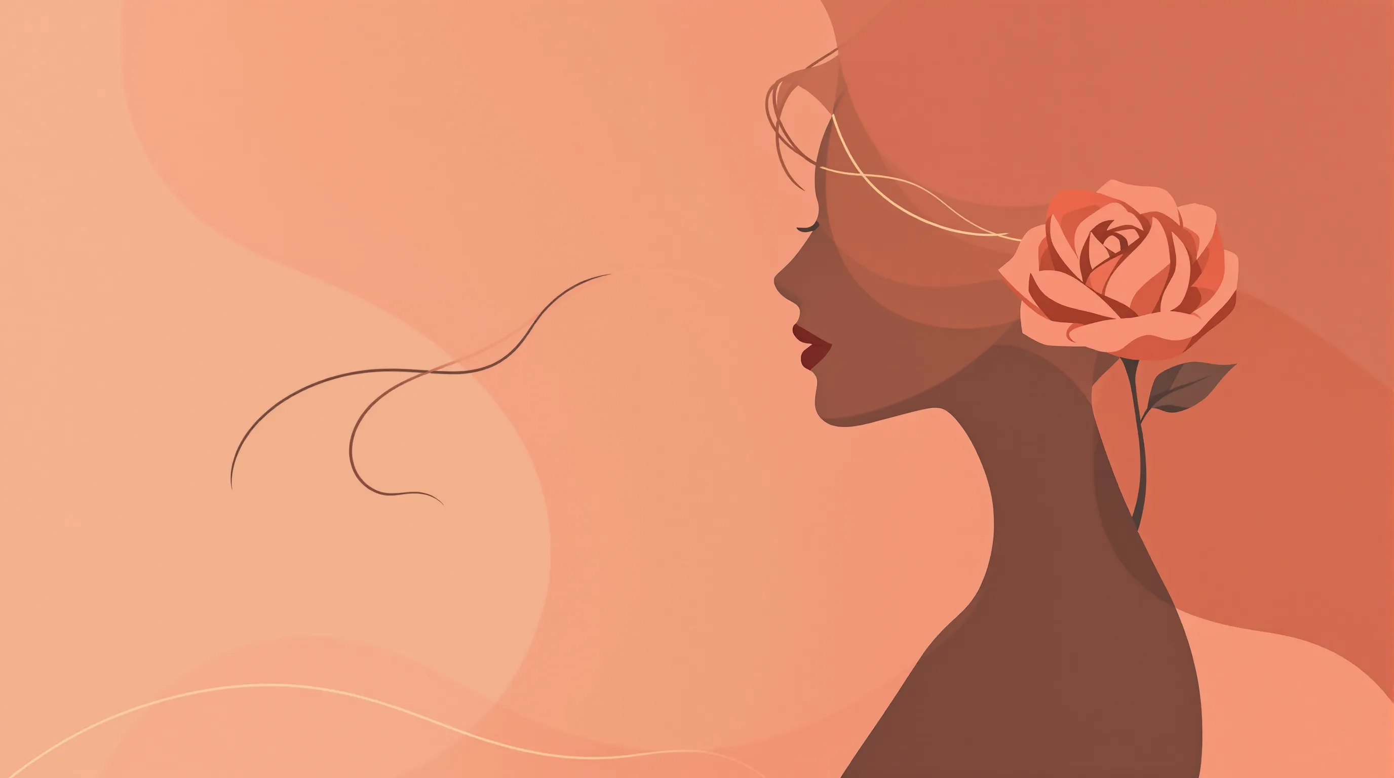 Minimalist silhouette of woman with stylized rose on warm gradient background.