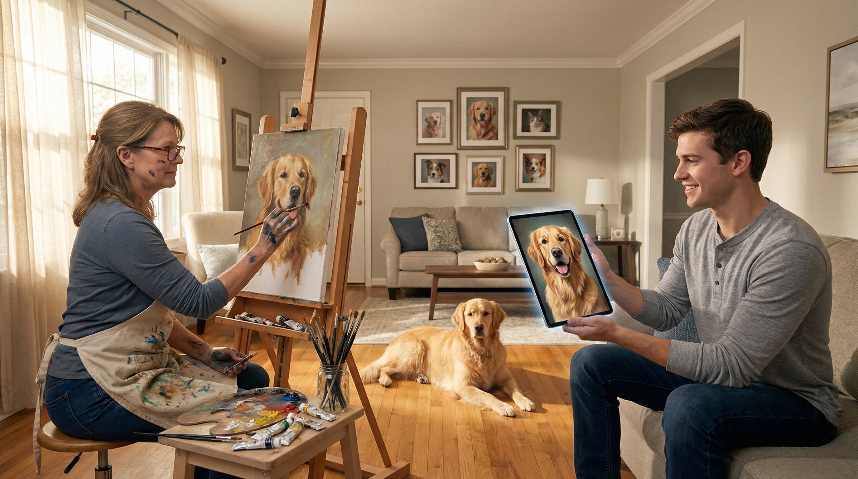 Traditional artist painting a dog portrait beside a man viewing an AI-generated pet portrait on a tablet.