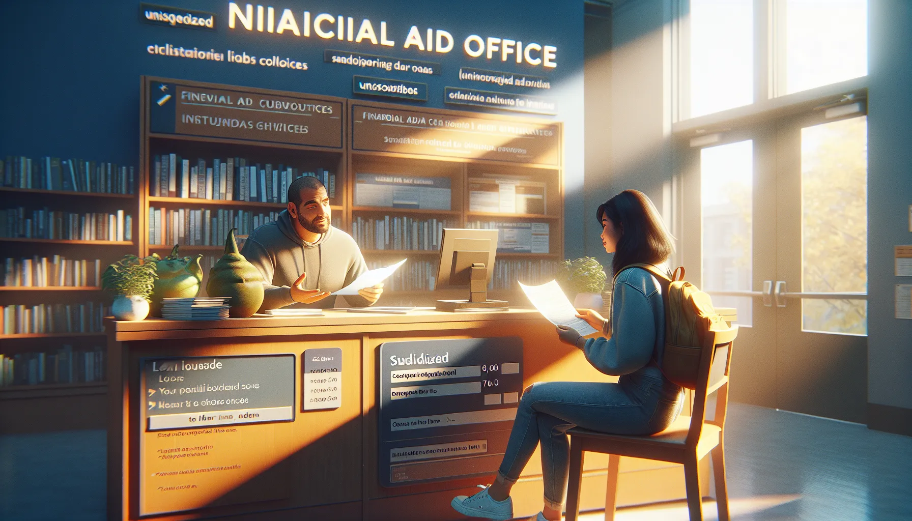 Student discusses loan options with an advisor in a financial aid office.