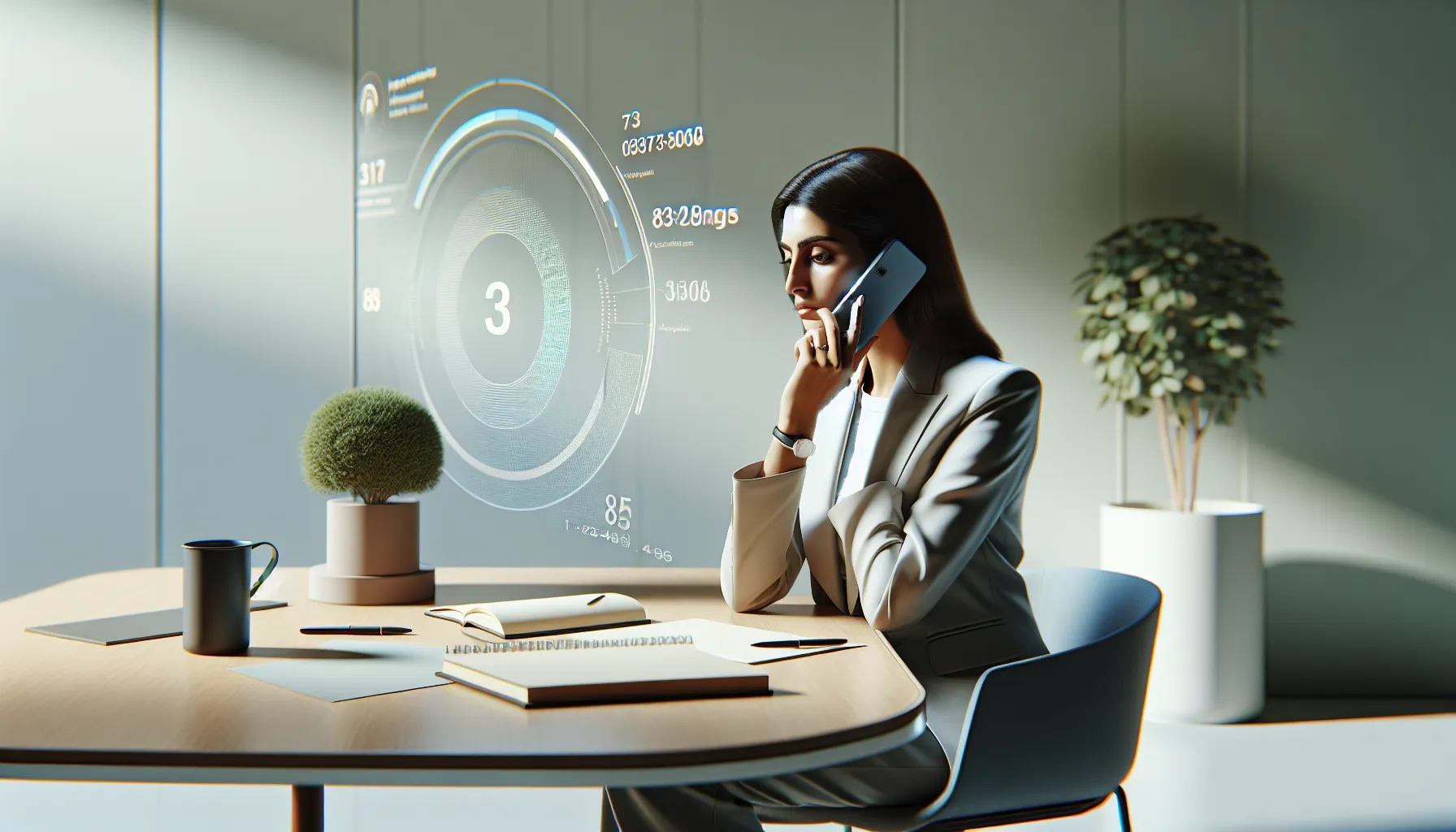 individual contemplating an unknown caller in a modern home office.