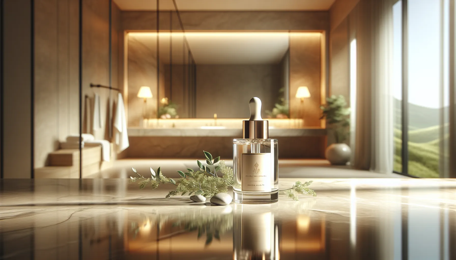 bottle of Serum Qawermoni on a marble countertop with greenery.