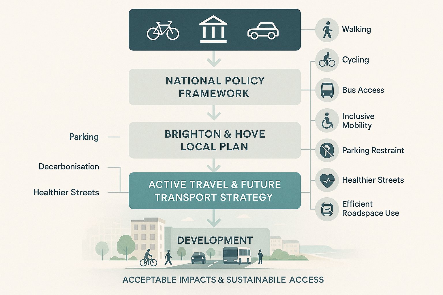 Infographic of Brighton and Hove transport planning policy layers and sustainable travel priorities.