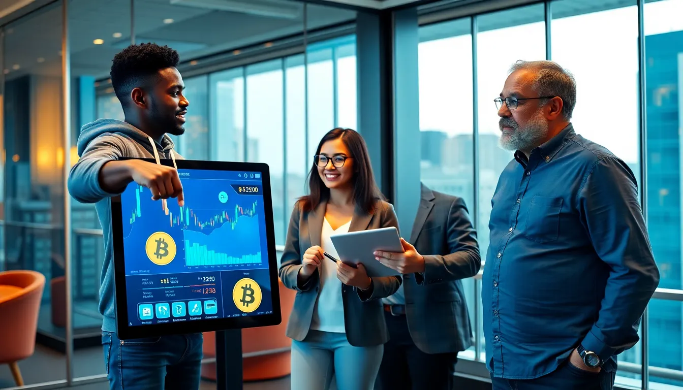 a group discussing Bitcoin and Bitclassic in a modern office setting.