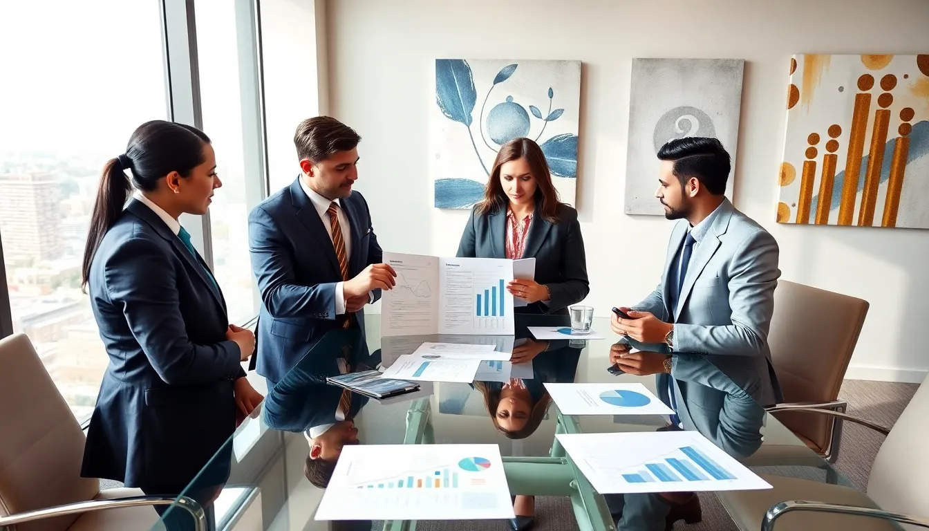 diverse professionals discussing life insurance benefits in a modern office.