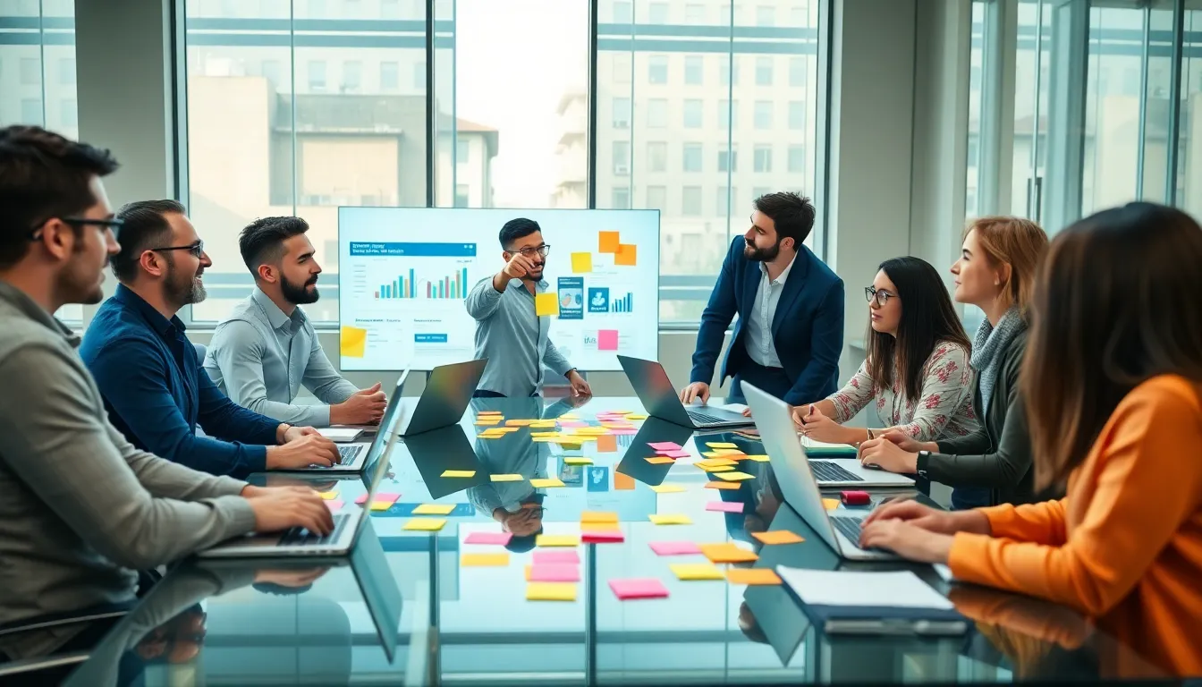 diverse team collaborating on social media copywriting in a modern office.