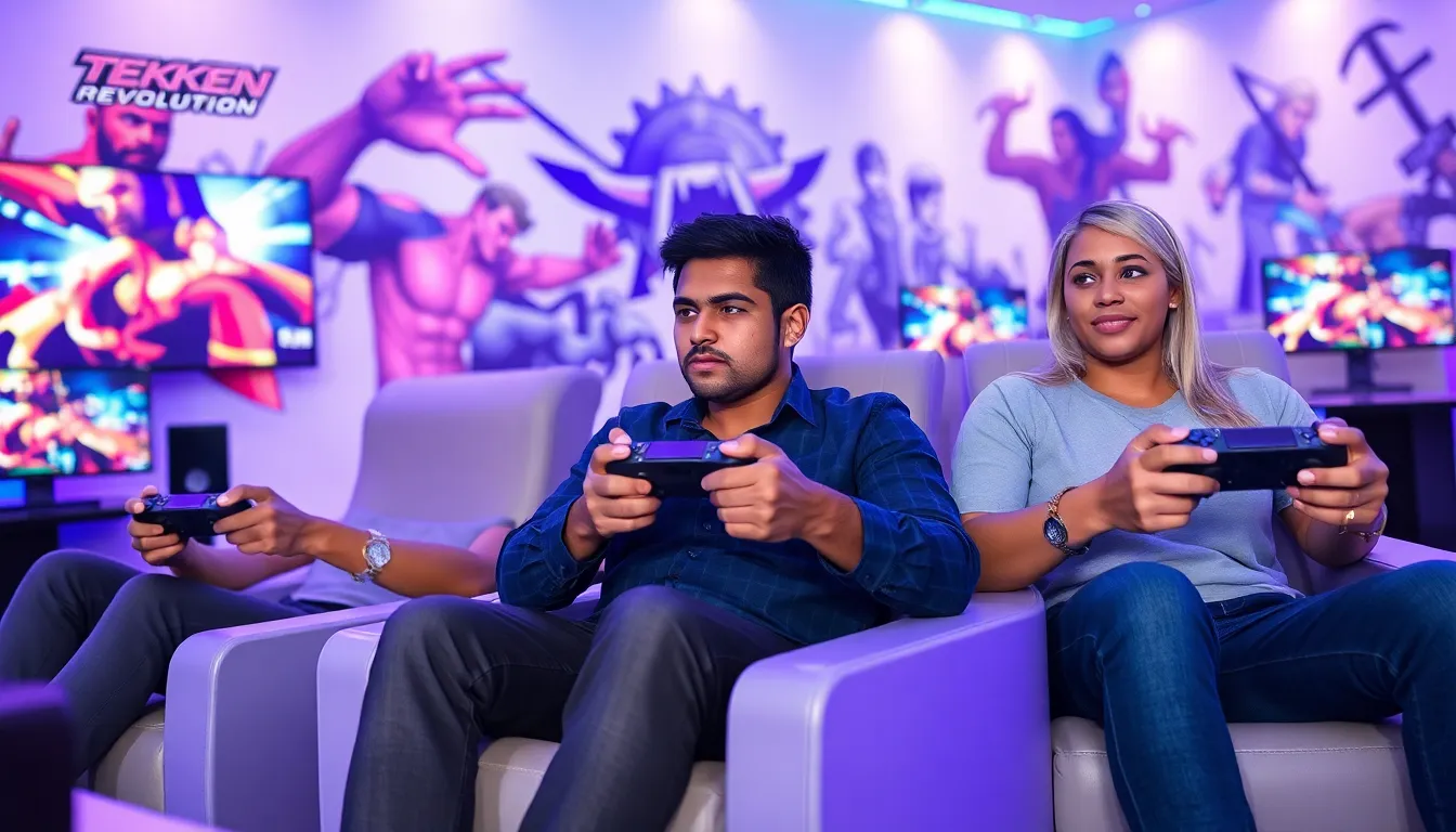diverse gamers enjoying Tekken Revolution in a modern gaming space.