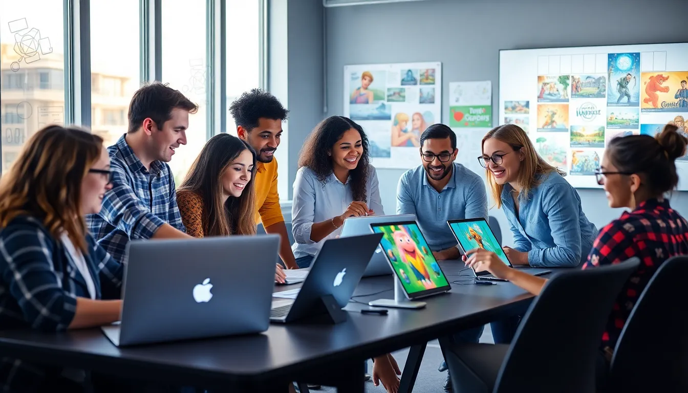 a diverse team collaborating on game design in a modern workspace.