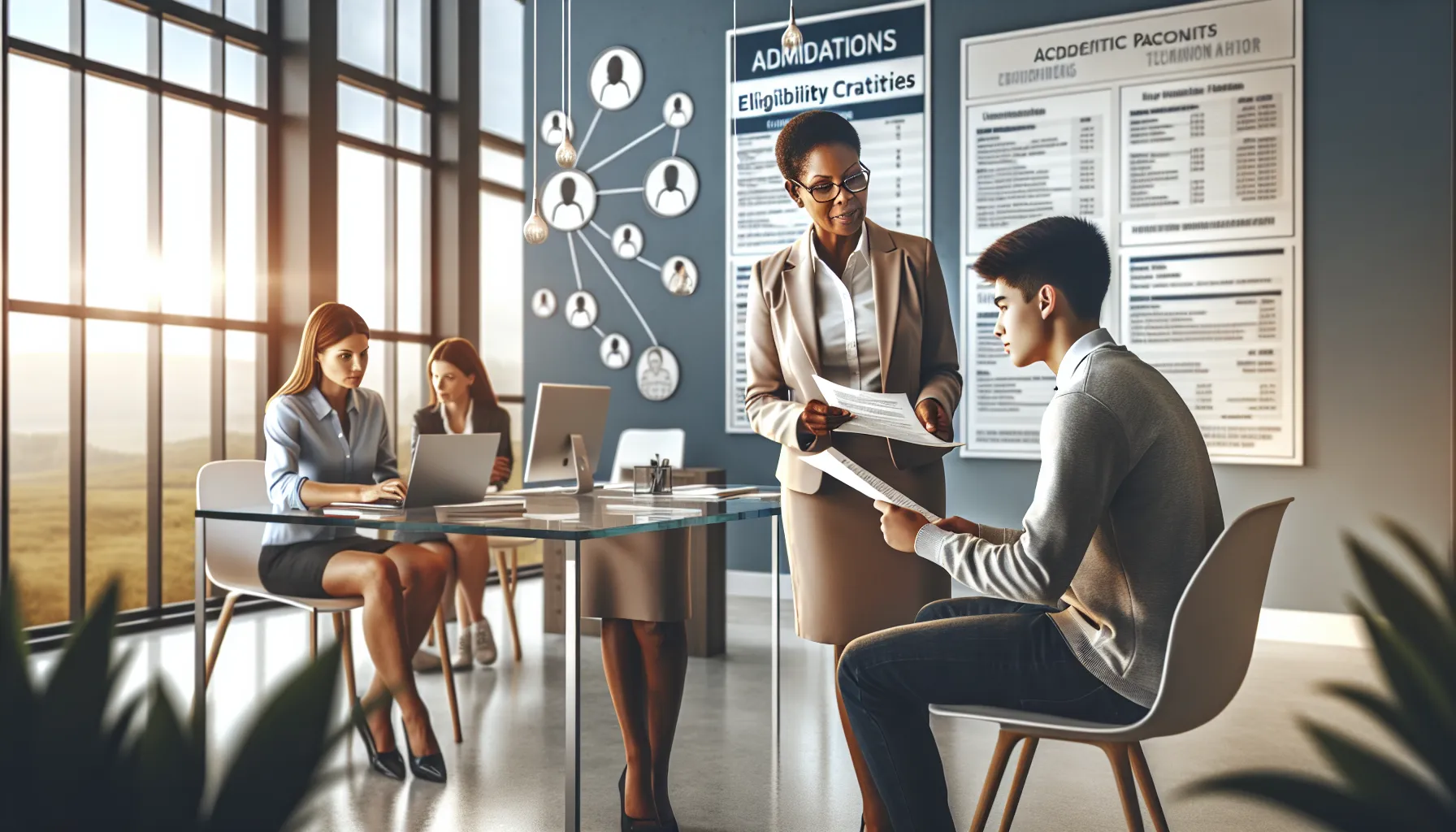 diverse staff assisting students in a university admissions office.