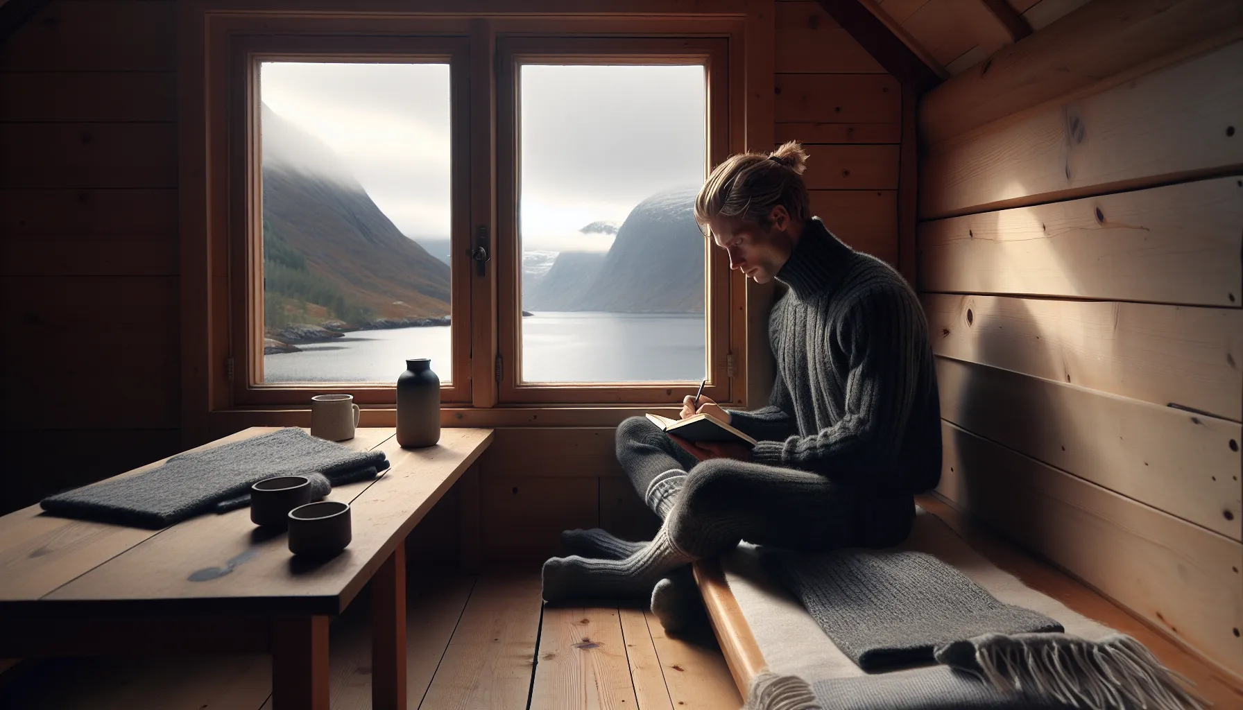 Frykten for å være alene: lær å trives i ditt eget selskap 3 Person journaling alone in a norwegian cabin overlooking a calm fjord.