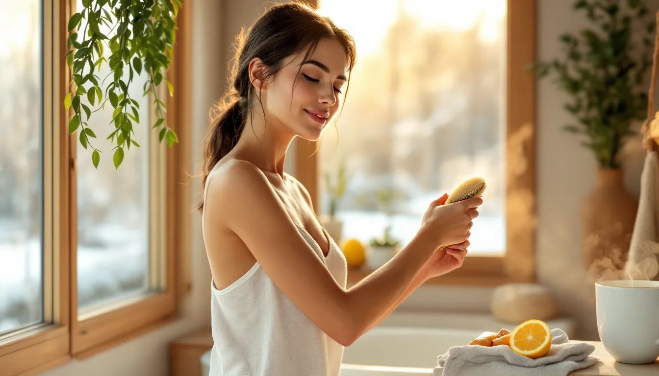 Woman dry brushing her arm in a sunlit bathroom with spring scenery outside.
