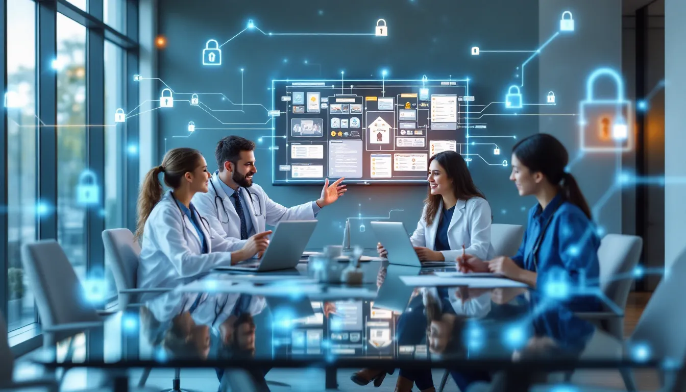 Healthcare professionals and IT specialists collaborating on AI implementation in modern office setting.