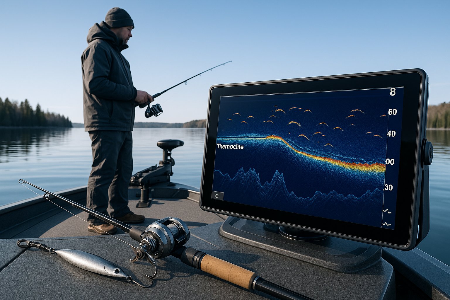 Angler on a boat using sonar for deep lake trout fishing.