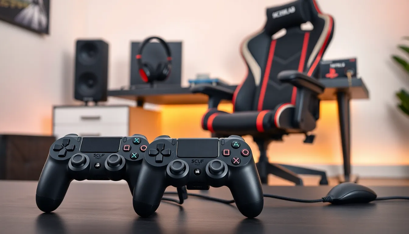 modern gaming setup with PlayStation controllers and accessories.