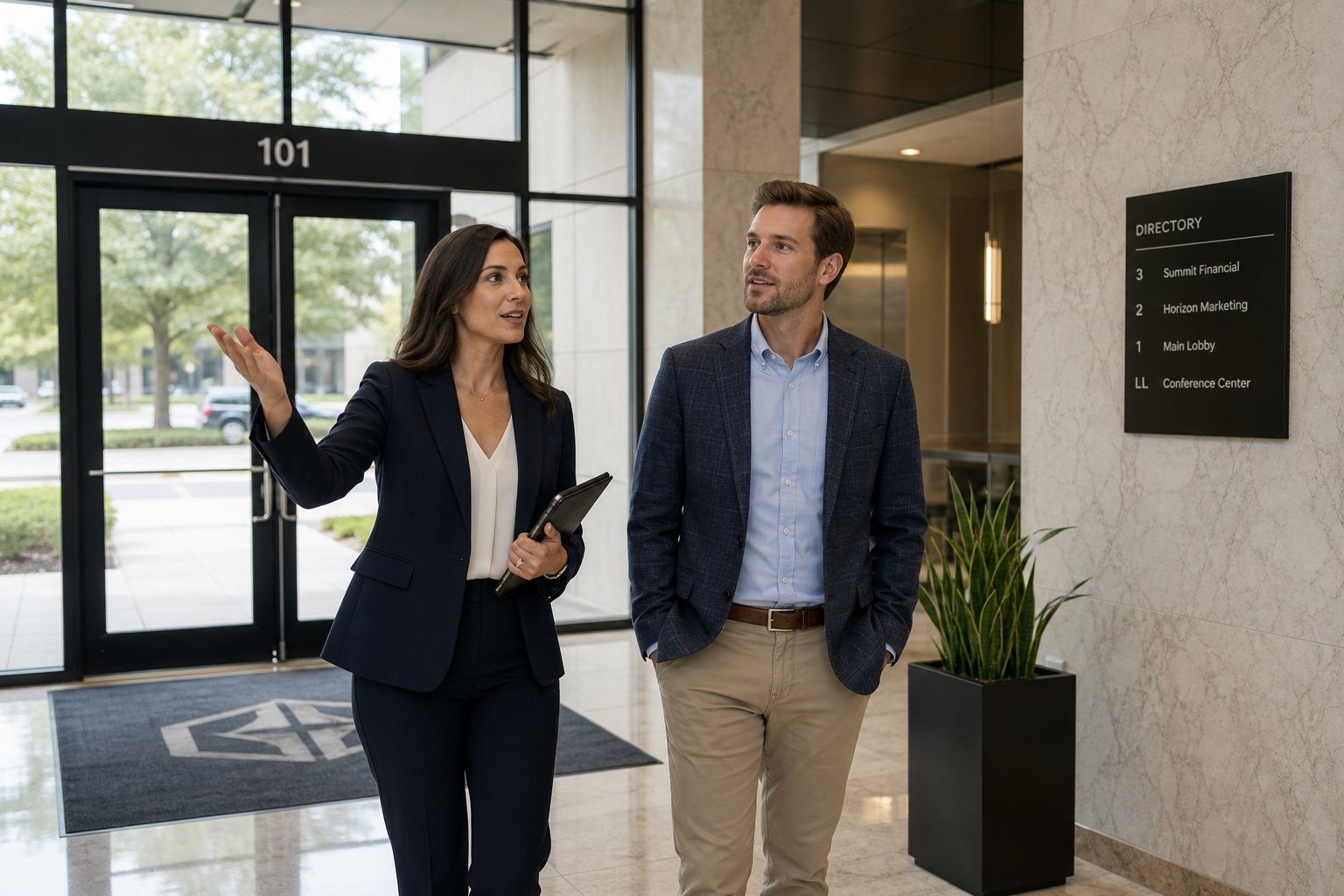 Commercial Mortgage Brokers Preston 14 Prospective buyer and property professional touring an office building lobby.