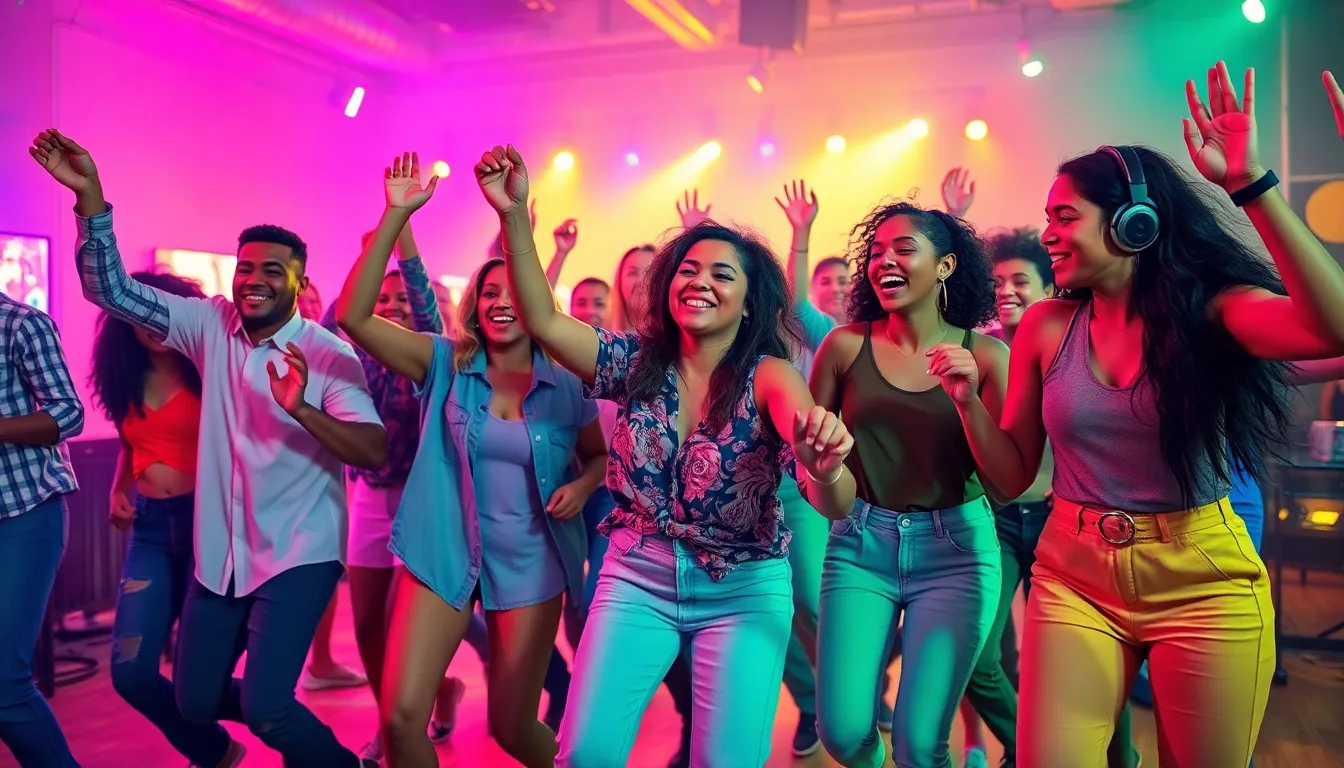 diverse group dancing joyfully in a modern, colorful setting.