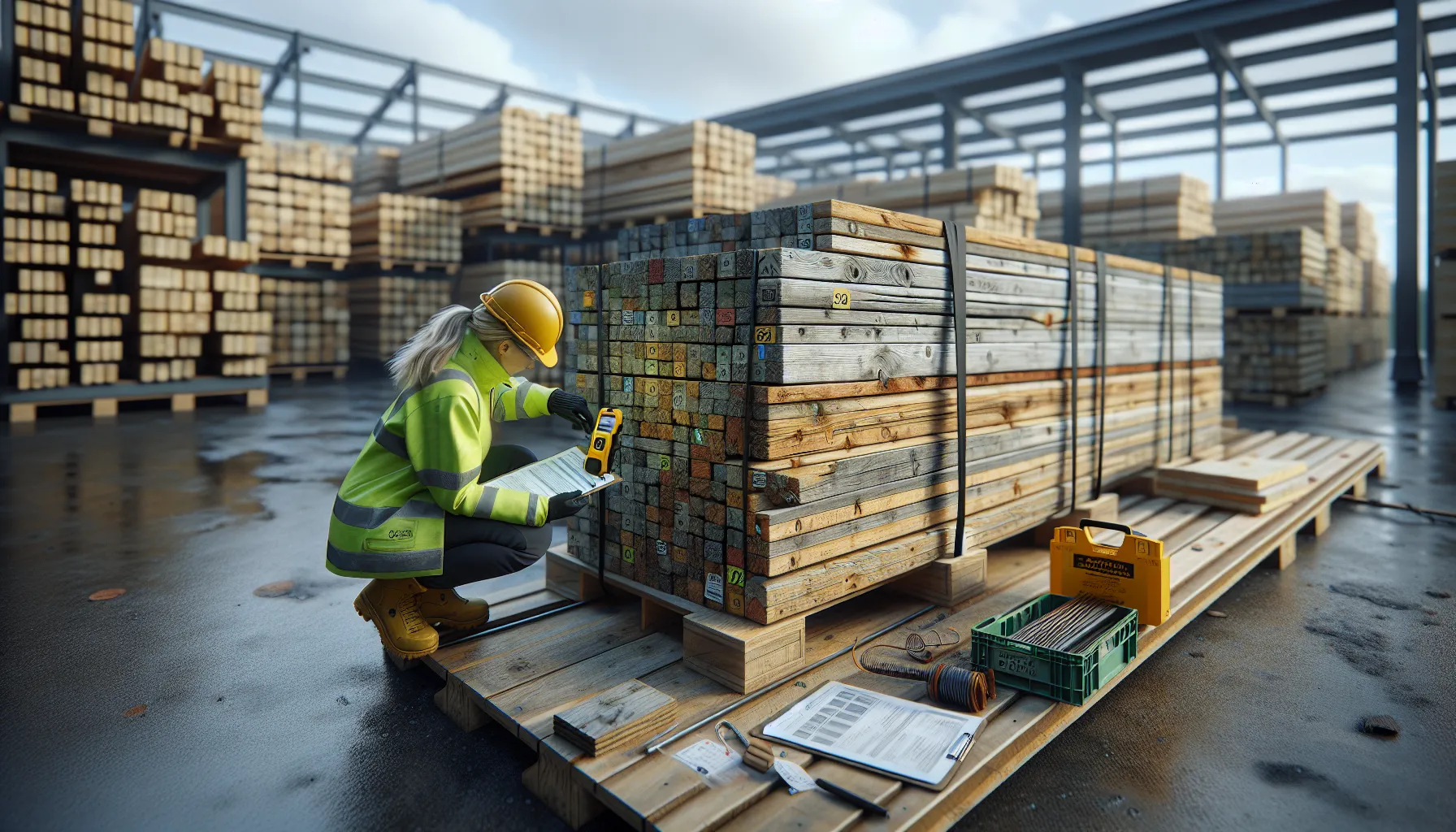 Norwegian site manager inspecting reclaimed timber and documented recycled building materials.