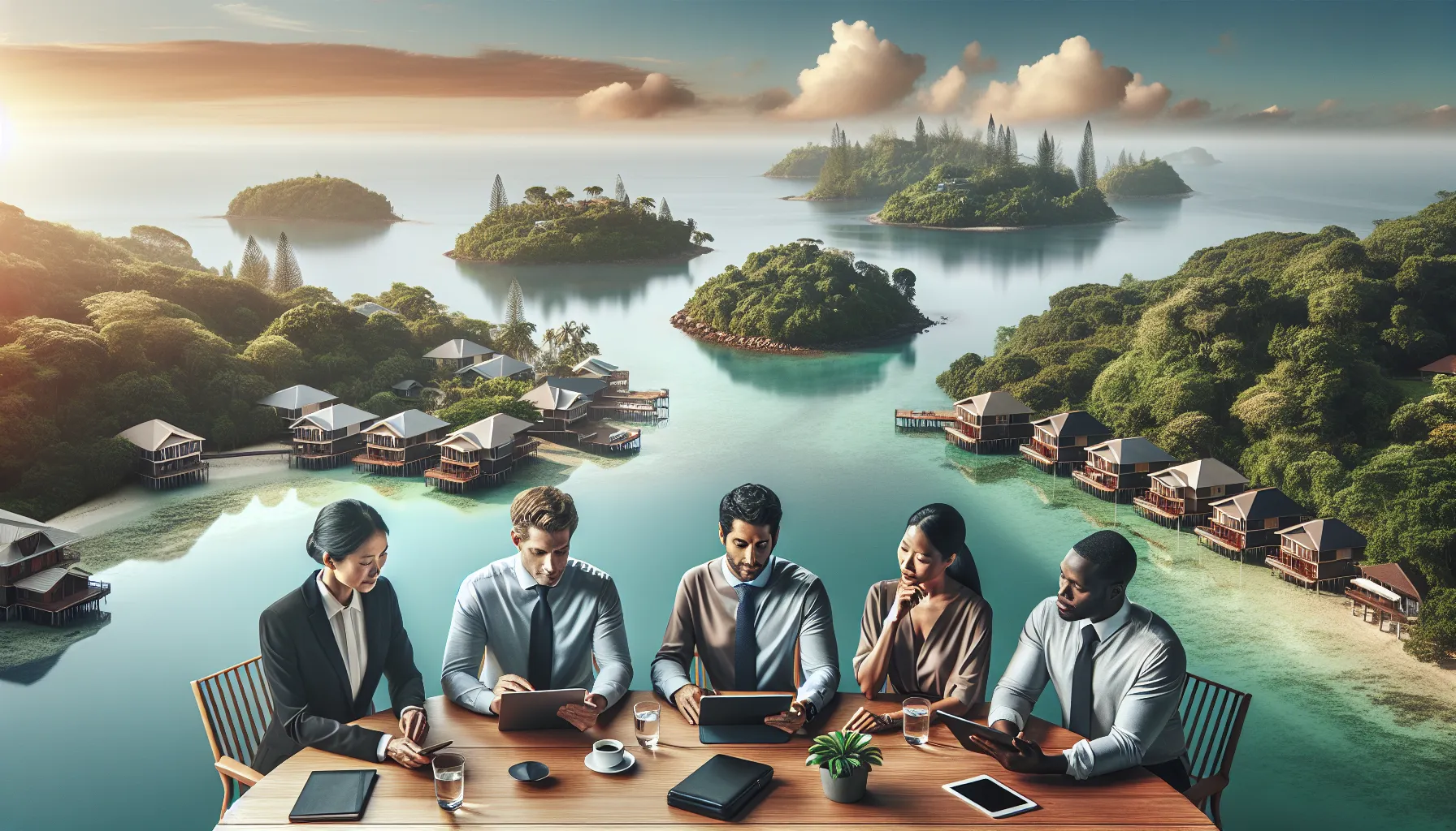 diverse professionals discussing land investment on scenic Anderson Island.