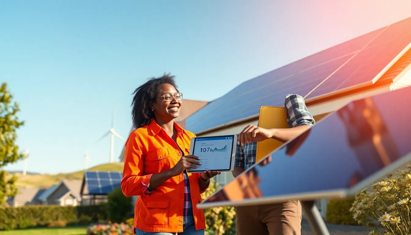 people evaluating solar panels on a house in a sunny suburban neighborhood.