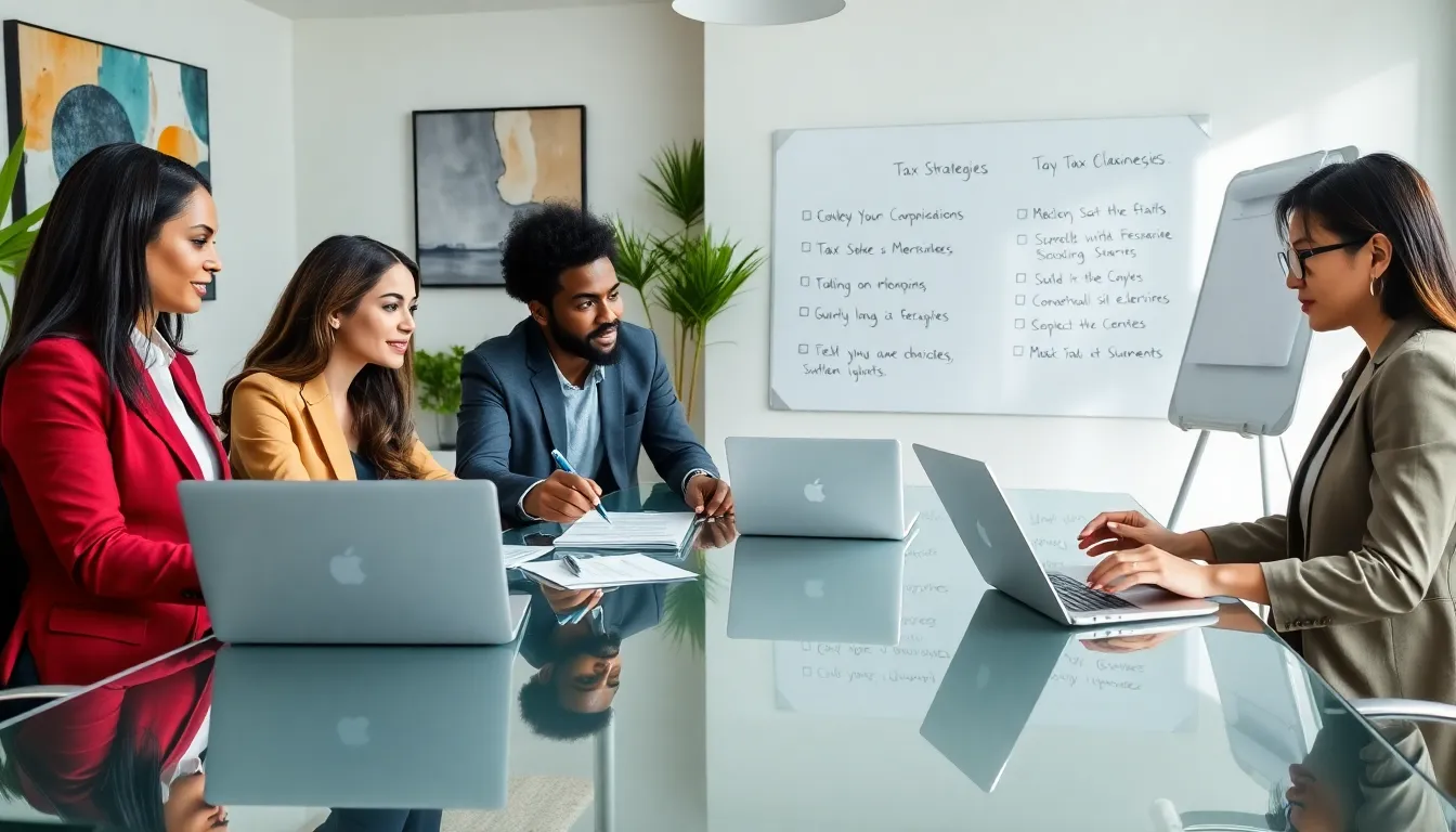 diverse team discussing tax planning strategies in a modern office.