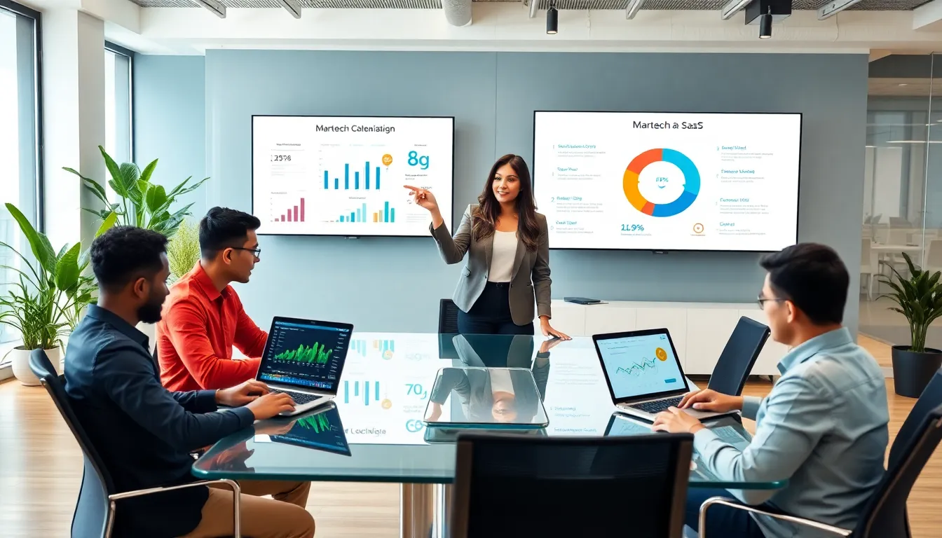 diverse team discussing marketing technology in a modern office.