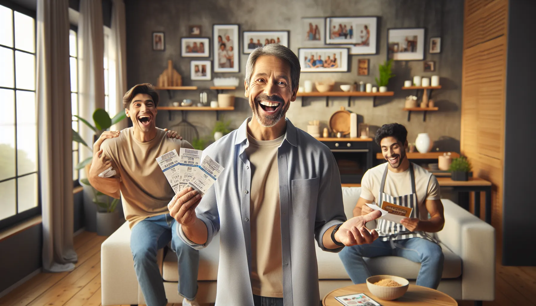 family celebrating Father's Day with gifts in a cozy living room.