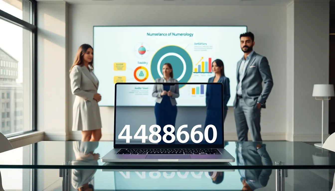 diverse professionals discussing numerology in a modern office.