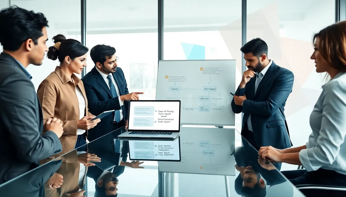 professionals collaborating on computer technical support in a modern office.