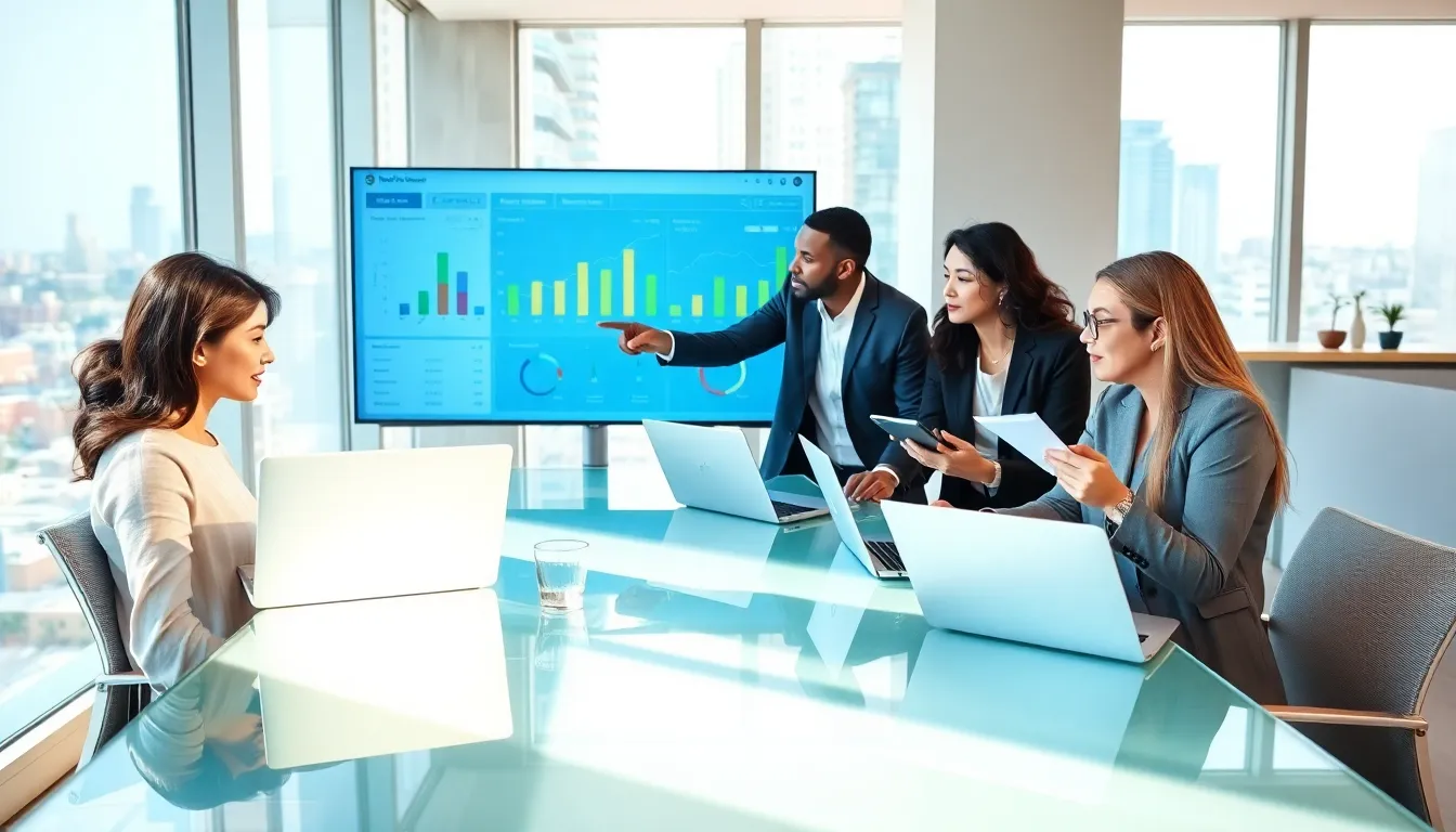 Diverse team collaborating in a modern digital marketing workspace.