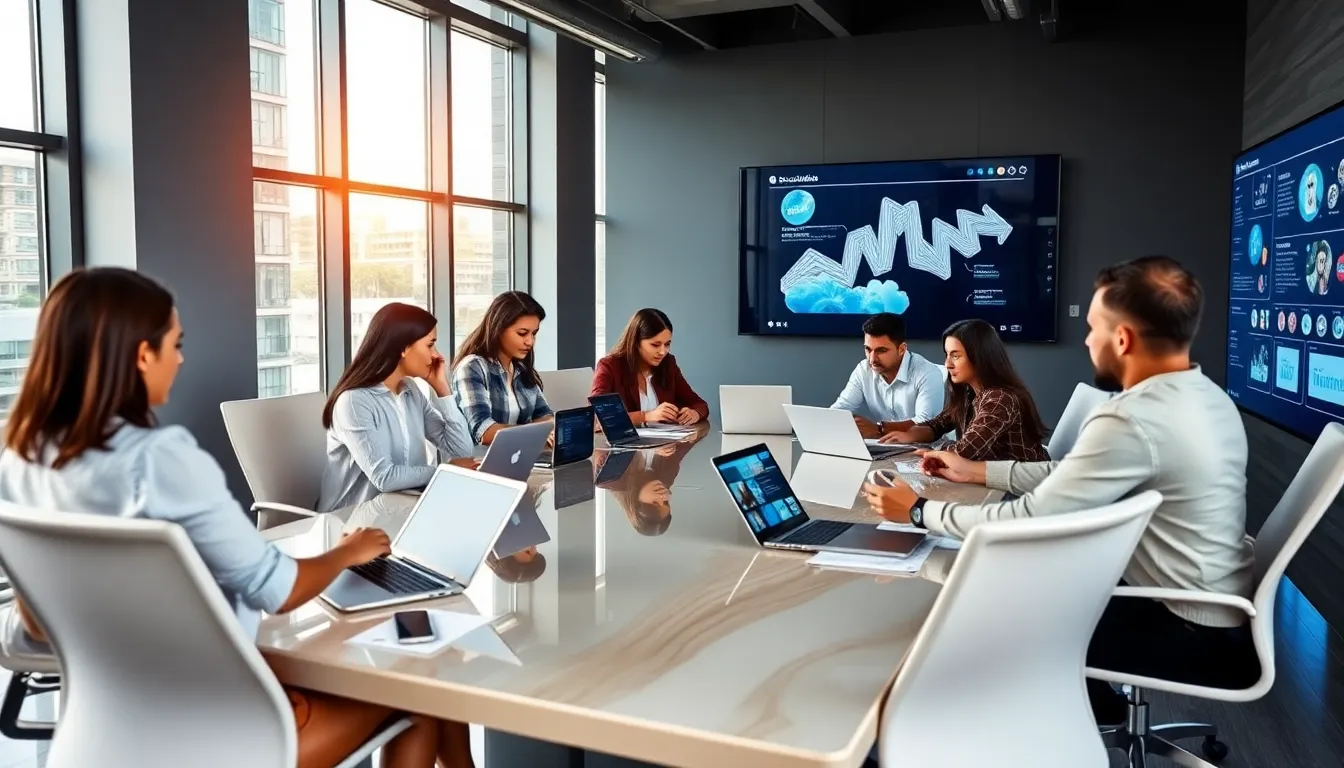 diverse team discussing social media strategies in a modern office.