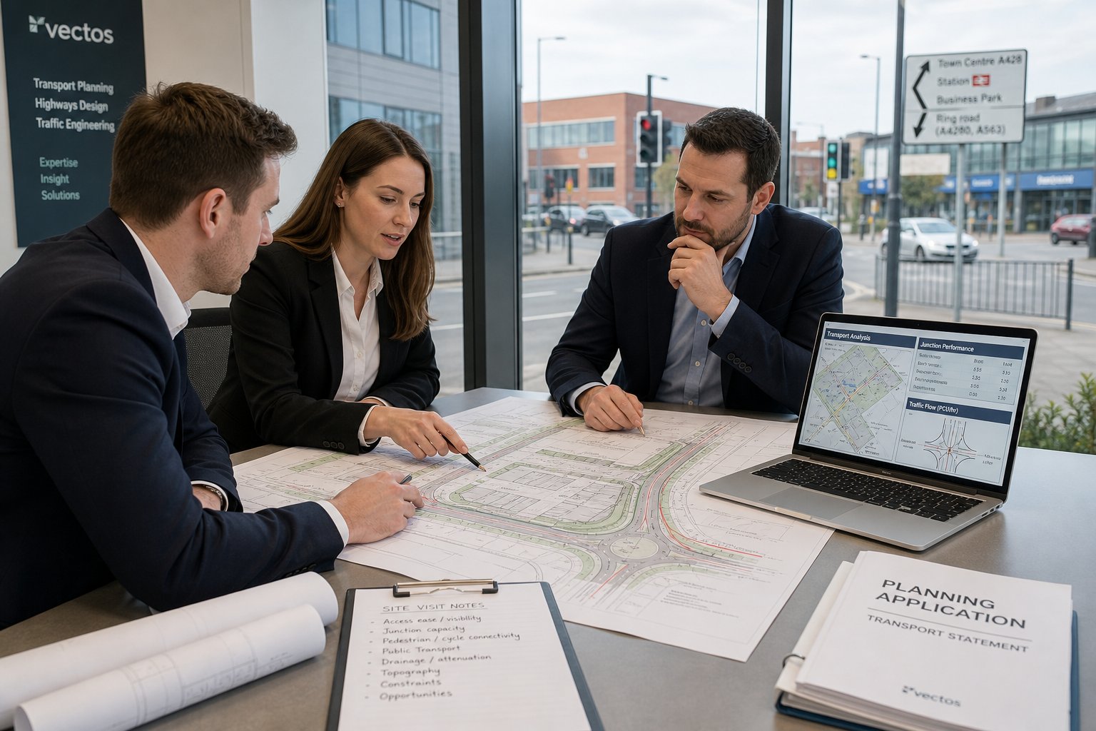 Traffic consultants reviewing site access plans in a modern UK office.