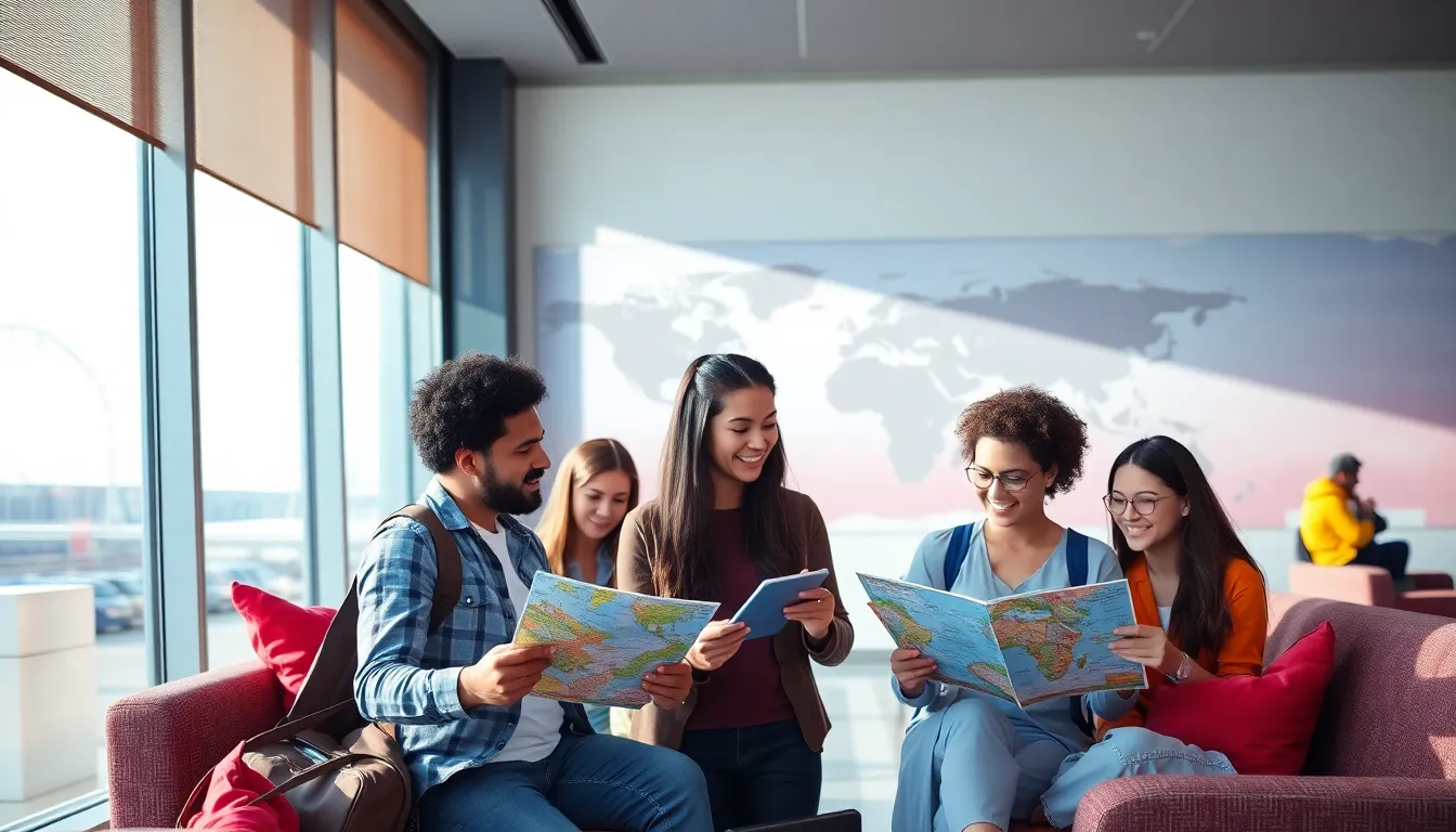 diverse travelers planning journeys in a modern airport lounge.